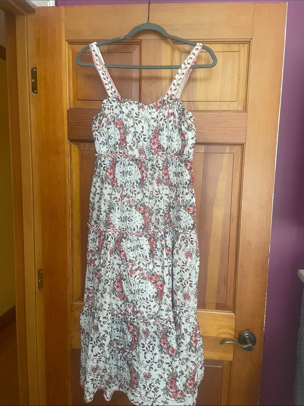 Max Studio White Floral Tiered Maxi Dress with Pink Print Large